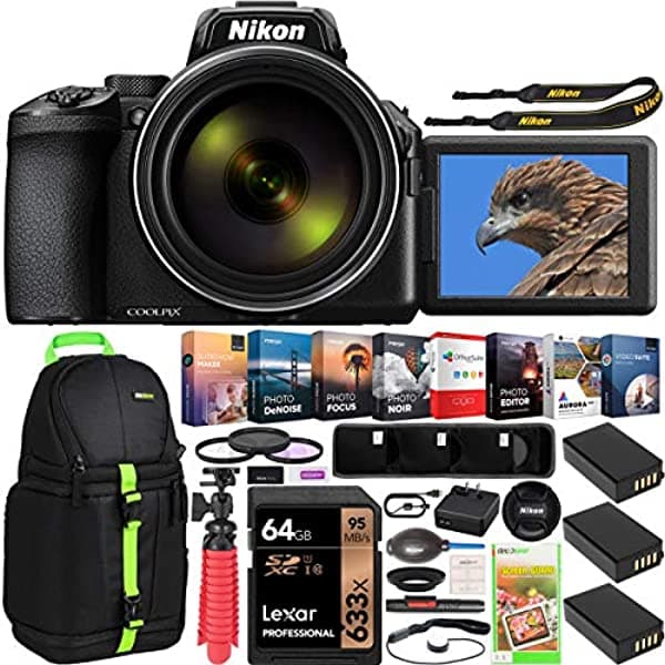 Nikon Coolpix P950 Cámara Digital Compacta Con Zoom Óptico De 83X Paquete De Lente Súper Teleobjetivo Incluye Batería Triple + Estuche De Mochila Deco Gear + Kit De Filtro + Software De Vídeo Fotográfico Y Accesorios E3NKCPP950K
