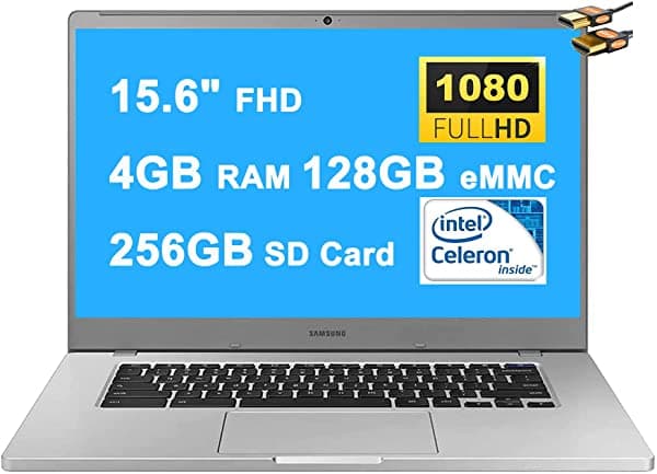 Samsung 4+ Chromebook 15 notebook flagship 15.6" FHD 1080P WLED display Intel Celeron procesador N4000 4GB RAM 128GB eMMC 256GB SD Card USB-C WiFi webcam Chrome OS + iCarp mouse inalámbrico