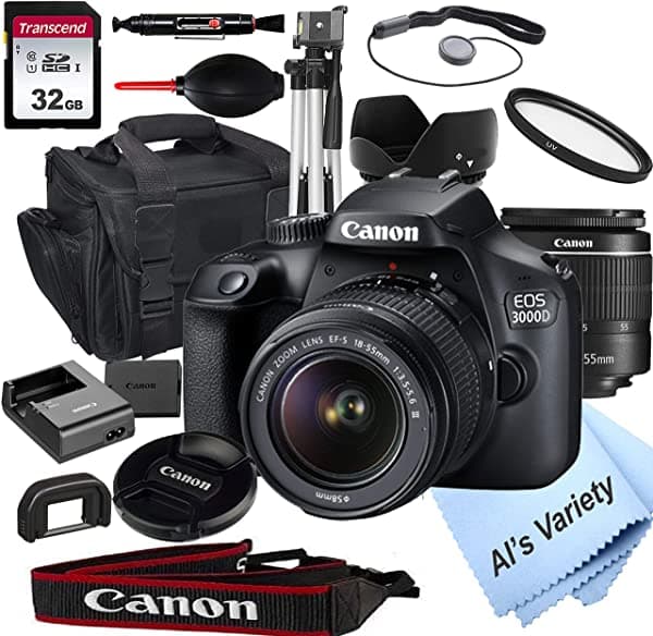 Al's Variety-Canon intl Canon Eos 3000D (Rebel T100) Cámara Dslr Con Lente De Zoom De 0.709-2.165 In F/3.5-5.6 + Tarjeta De 32 Gb Trípode Funda Y Más (Paquete De 18 Piezas)