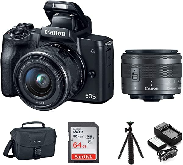 Canon Eos M50 - Cámara Digital Sin Espejo De 15 A 1.772 In (Negro) Con Bolsa De Dispositivos Canon Eos Tarjeta Sd De 64 Gb Trípode De Araña Flexible De 12 Pulgadas Paquete De Batería Y Cargador (5 Artículos) 2680C011_K1