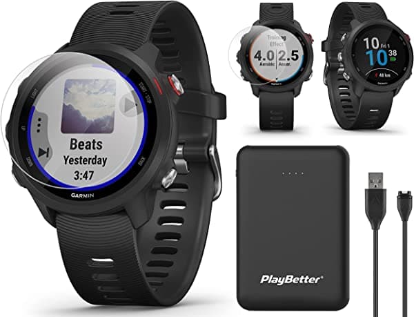 Garmin Forerunner 245 Music (Negro) Reloj De Correr Gps Power Bundle | Con Cargador Portátil Playbetter Y Vidrio Templado (X2) | Spotify Estado De Entrenamiento Frecuencia Cardíaca Reloj Inteligente Para Correr | 010-02120-20