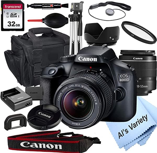 Al's Variety-Canon intl Canon Eos 4000D Cámara Dslr Con Lente De Zoom De 0.709-2.165 In F/3.5-5.6 + Tarjeta De 32 Gb Trípode Funda Y Más (Paquete De 18 Piezas)