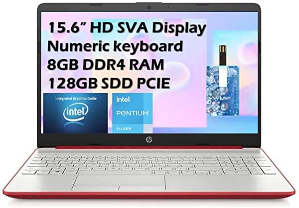 Hp Flagship Pavilion 2021 - Computadora Portátil Hd De 15.6 Pulgadas Procesador Intel Pentium De Doble Núcleo 8 Gb De Ram Ssd De 128 Gb Gráficos Intel Uhd 605 Bluetooth Usb-C Hdmi Win 10 Rojo Escarlata Con Tarjeta Usb E.S De 32 Gb