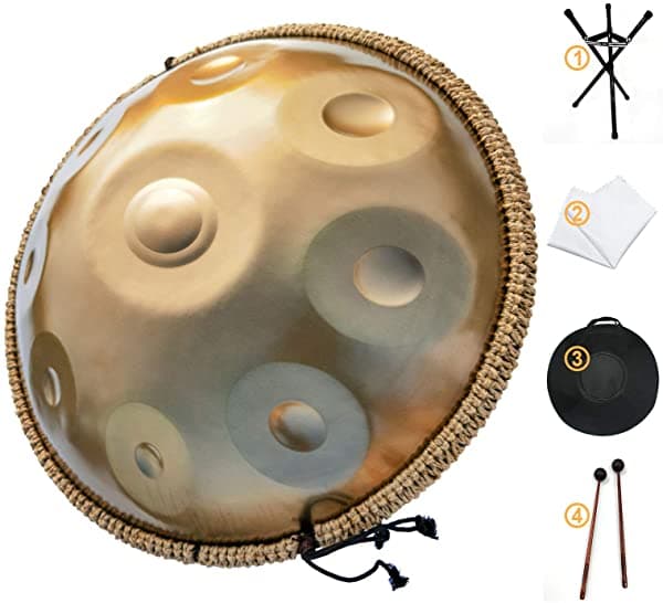 As Teman Handpan Instrumento De Tambor De Mano En D Minor 9 Notas De 22 Pulgadas De Acero Con Bolsa De Mano Suave 2 Mazos De Mano Soporte Para Sartén Paño Sin Polvo Oro