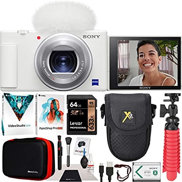 Sony Zv-1 - Cámara Digital Compacta Para Vlogging 4K Para Creadores De Contenido Y Vloggers Dczv1/W Paquete Con Funda Deco Gear + Kit De Software + Tarjeta De 64 Gb + Trípode Compacto/Agarre De Mano Y Accesorios E1SNDCZV1W