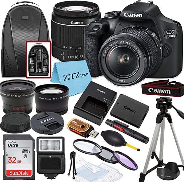Cámara Réflex Digital Canon Eos 2000D / Rebel T7 Con Lente Ef-S De 18 A 2.165 In + Tarjeta De Memoria Sandisk De 32 Gb + Trípode + Funda + Lentes De Gran Angular + Paquete De Accesorios Zeetech (Paquete De 20 Unidades)