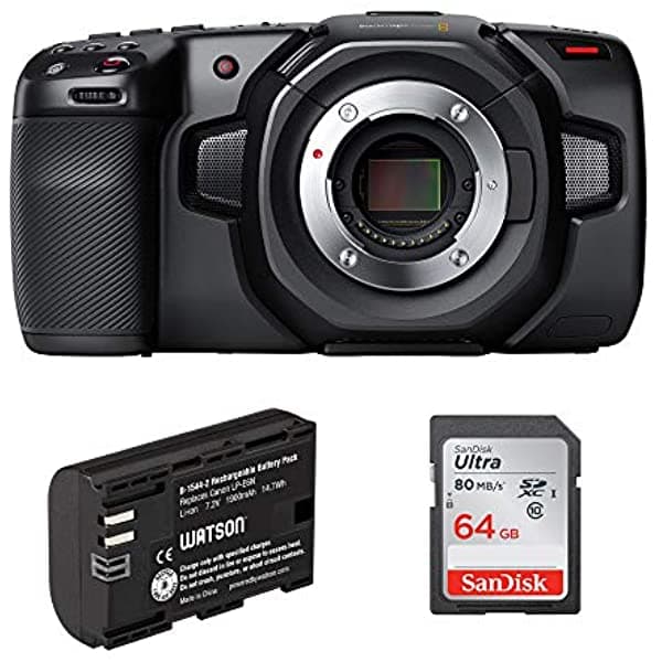 Blackmagic Design Cámara De Cine De Bolsillo 4K Con Batería De Iones De Litio Lp-E6N Y Paquete De Tarjeta De Memoria Sdxc Ultra Uhs-I De 64 Gb CINECAMPOCHDMFT4K