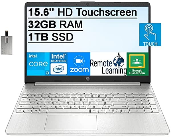 2021 Hp 15.6 Pulgadas Hd Pantalla Táctil Intel Core I3-1005G1 32 Gb De Ram 1 Tb Ssd Intel Uhd Graphics 620 Hd Audio Hd Webcam Usb-C Bluetooth Win 10 Plata Tarjeta Usb Snowbell De 32 Gb