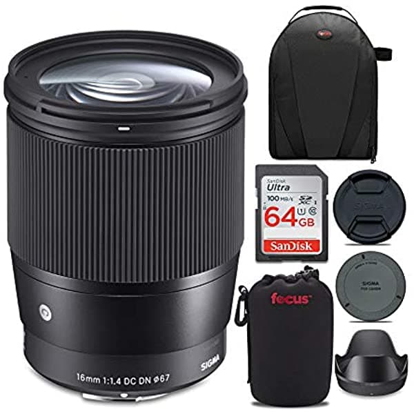 Sigma Lente Contemporary 16mm f/1.4 DC DN para Canon EF-M con SanDisk 64 GB Ultra SDXC UHS-I 100 MB/s Tarjeta de Memoria y Paquete de Viaje (4 Artículos) 402971_K2