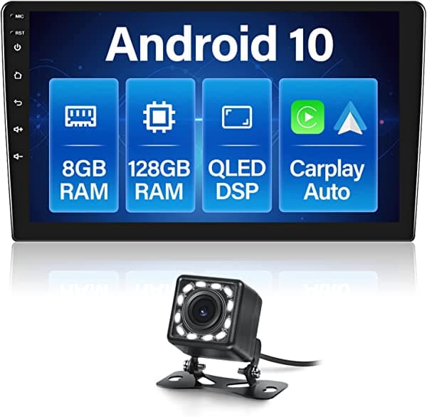 Hikity Estéreo para Auto Android de Doble DIN Integrado CarPlay y Android Auto de 10.1 Pulgadas IPS Pantalla Táctil Radio de Auto GPS Navegación DSP Control Inteligente de Voz WiFi Bluetooth Manos Libres Llamada FM Radio 8+128GB