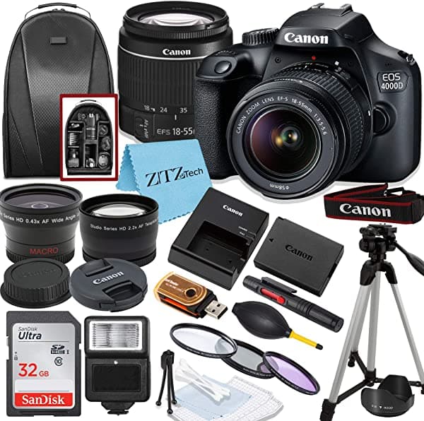 Canon Eos T100/4000D Cámara Dslr Con Lente Ef-S De 0.709-2.165 In Tarjeta De Memoria Sandisk Trípode Flash Mochila + Paquete De Accesorios Zeetech (Canon 0.709-2.165 In Sandisk 32Gb) MDCN4000DDC