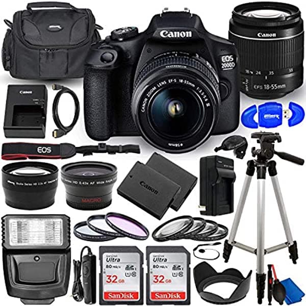 Pixel Hub Canon Eos 2000D (Rebel T7) Cámara Dslr Con Lente Ef-S De 0.709-2.165 In F/3.5-5.6 Dc Iii. El Paquete De Accesorios Definitivo Incluye 2 Tarjetas Sd Sandisk Ultra De 32 Gb (64 Gb) Batería Extra Lp-E10 Funda Y Mucho Más