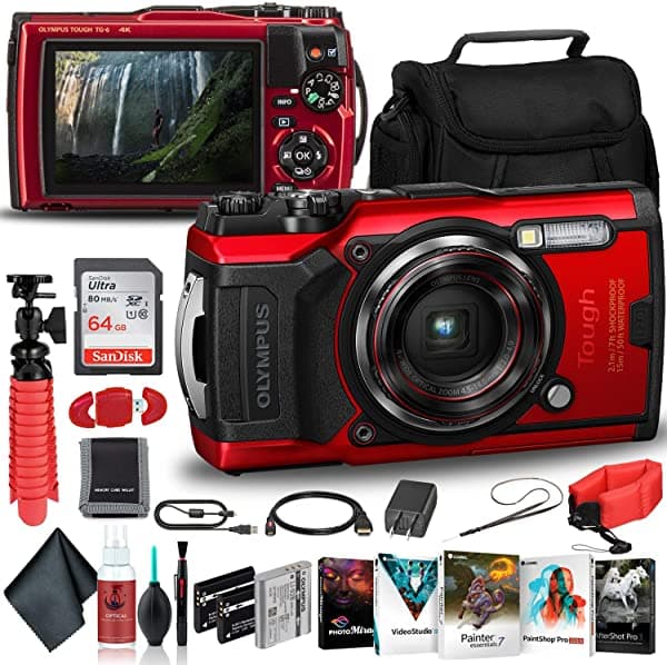Olympus Tough Tg-6 - Cámara Impermeable (Rojo) - Paquete De Aventura - Con 2 Baterías Adicionales + Correa Flotante + Tarjeta De Memoria Sandisk De 64 Gb Ultra Memory Card + Funda Acolchada + Trípode Flexible + Conjunto De Software Fotográfico + Más V104210RU000