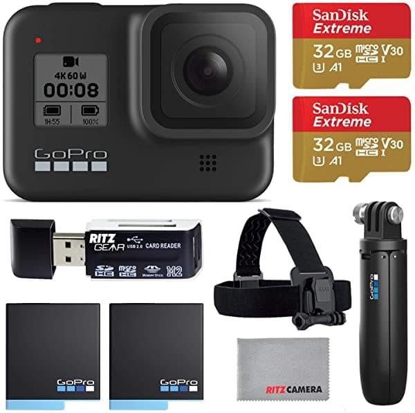 Ritz Gear Gopro Hero8 Black Cámara De Acción Con Conjunto De Accesorios Gopro Holiday - Dos Tarjetas De Memoria U3 De 32 Gb Empuñadura Corta Shorty Correa Para La Cabeza Y 2 Baterías Recargables