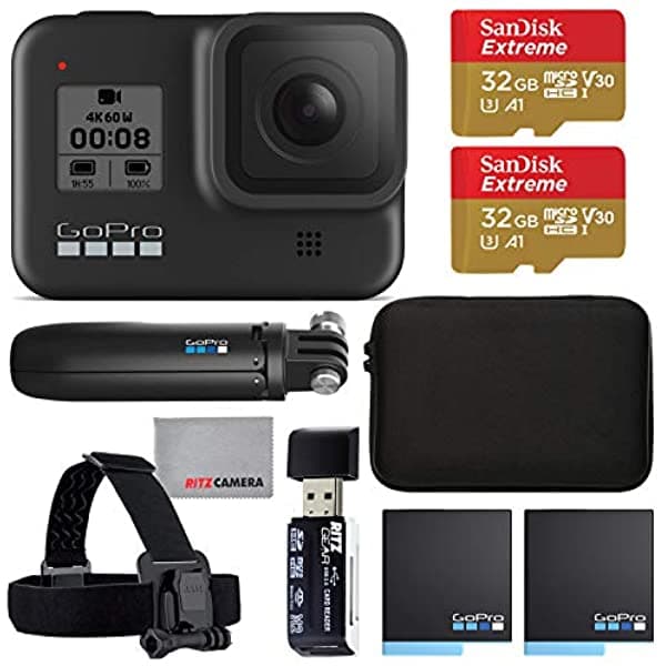 Cámara De Acción Gopro Hero 8 Con 2 Baterías Totales Dos Tarjetas Sandisk Extreme Microsd De 32 Gb Trípode Gopro Shorty Correa De Montaje En Cabeza Funda Para Cámara Lector De Tarjetas Y Paño De Limpieza GOPCHDRB801 Ritz Bund