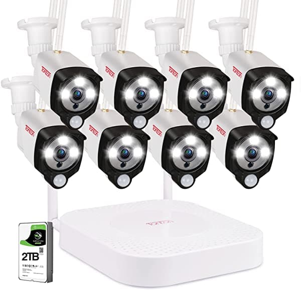 [Audio De 3 Mp Y 2 Vías] Sistema De Cámara De Seguridad Tonton Inalámbrico 8 Canales 5 Mp Nvr Con Disco Duro De 2 Tb Y 8 Cámaras Bala Para Exteriores De 3 Mp Con Sensor Pir Reflector Plug & Play Fácil Instalación (Blanco) T8JN2-2109W8-20-FBM
