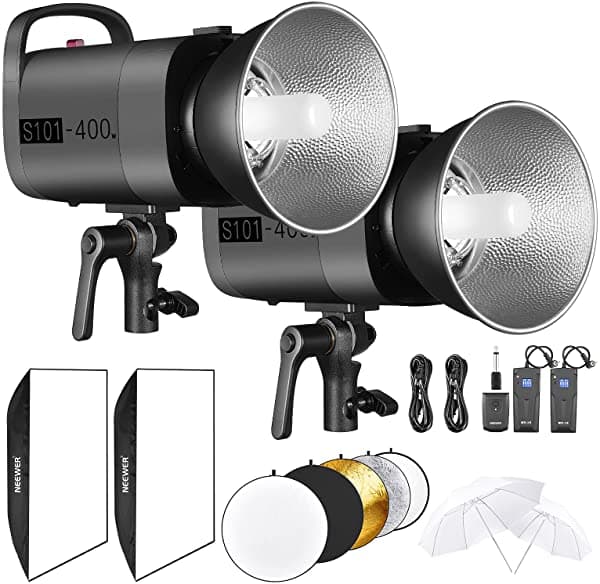 Neewer Kit De Iluminación Estroboscópica De 800 W Para Estudio Fotográfico (2) S101 400 W 5600 K Regulable Monolight Con Montaje Bowens (2) Caja De Luz (1) Transmisor (2) Receptor (2) Paraguas (1) Reflector Para Fotografía De Estudio 90092088