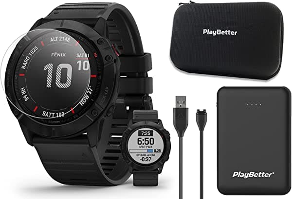 PlayBetter Garmin Fenix 6X Pro (Banda Negra/Negra) Power Bundle | Con Cargador Portátil PlayBest, Protectores de Pantalla HD y Estuche Rígido Protector | Smartwatch GPS Multideportivo | PacePro, Música | 010-02157-00