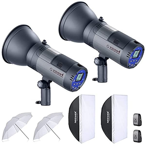 Neewer Kit De Iluminación Estroboscópica De 600 W Con Pilas Para Estudio Al Aire Libre (2) Vision4 Monolight Con Sistema 2.4G (2) Paraguas Blanco Translúcido (2) Caja De Luz Rectangular Para Fotografía De Ubicación De Vídeo 90091770@@##1