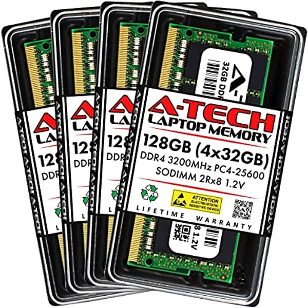 A-Tech Módulos De Memoria Ram Para Portátil De 128 Gb (4 X 32 Gb) Ddr4 De 3200 Mhz Sodimm Pc4-25600 (Pc4-3200Aa) Cl22 2Rx8 No Ecc AT32G4D4S3200ND8N12V