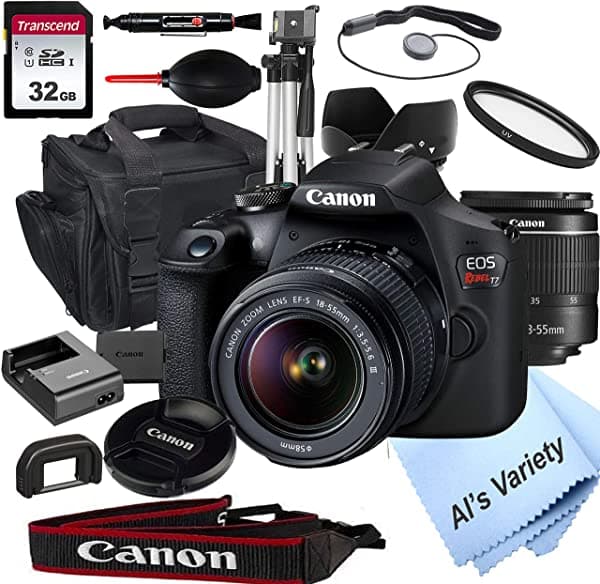 ALS VARIETY-Canon Intl Canon Eos Rebel T7 Cámara Dslr Con Lente De Zoom De 0.709-2.165 In F/3.5-5.6 + Tarjeta De 32 Gb Trípode Funda Y Más (18 Unidades)