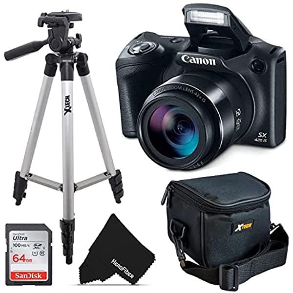 Canon PowerShot SX420 IS Cámara Digital Wi-Fi de 20 MP con Zoom de 42x (Negro), el Paquete Incluye Tarjeta de Memoria de 64 GB, Funda Acolchada para Cámara, Trípode de 50 Pulgadas, Paño de HeroFiber Ultra Suave 4335038140