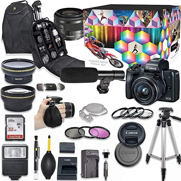 Canon Eos M50 Cámara Digital Sin Espejo Con Kit De Lente De 0.591-1.772 In (Negro) + Lente Gran Angular + 2 X Teleobjetivo + Flash + Tarjeta De Memoria Sd Sandisk 32 Gb + Paquete De Accesorios De Vídeo