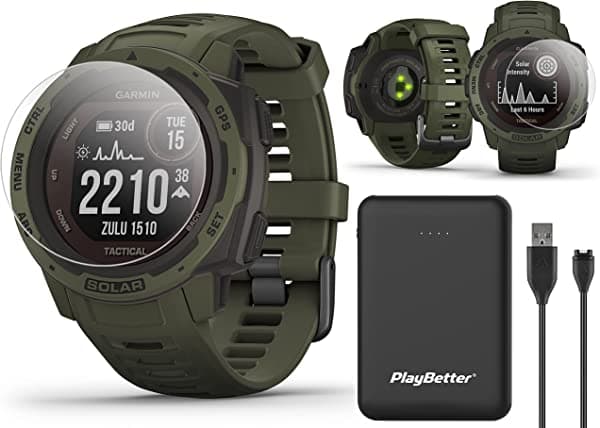 Garmin Instinct Solar Tactical (Musgo) Gps Outdoor Watch Power Bundle | Incluye Cargador Playbetter Power Bank Y Protectores De Pantalla Hd | Reloj Militar De Senderismo | Dual Gps Carga Solar | 010-02293-14