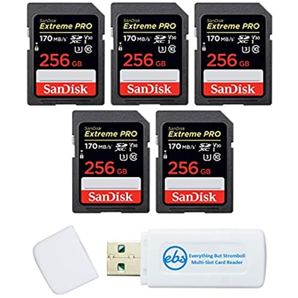 Sandisk Paquete De Cinco Tarjetas De Memoria Sd Extreme Pro De 256 Gb Que Funciona Con Cámara Digital Dslr 4K V30 Uhs-I (Sdsdxxy-256G-Gn4In) Paquete Con (1) Lector Combinado Todo Menos Stromboli (Tm) 256G_SD_Extreme_Pro_X5_R6BLK