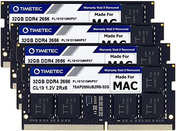 Timetec Kit De 128 Gb (4 X 32 Gb) Compatible Con Apple Ddr4 2666 Mhz Para Imac De Mediados De 2020 (201/202) / Mediados De 2019 Imac (191) 27 Pulgadas Con Pantalla Retina 5K Pc4-21333 / Pc4-213000 Cl1 Sodimm Memoria Mac Actualización De Ram 78AP26NUS2R8-32GK4