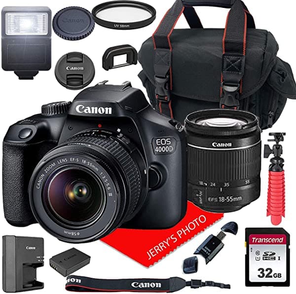 Canon Eos 4000D Cámara Dslr Con Canon Ef-S 18-55Mm F/3.5-5.6 Iii Lente De Zoom + Funda + Tarjeta Sd De 32Gb (Paquete De 15 Piezas)