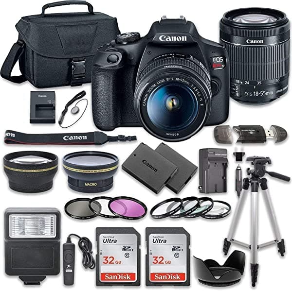 Canon Eos Rebel T7 Dslr - Paquete De Cámara Réflex Digital Con Canon Ef-S De 0.709-2.165 In F/3.5-5.6 Is Ii Lente + 2 Tarjetas De Memoria Sandisk De 32 Gb + Kit De Accesorios Canon T7