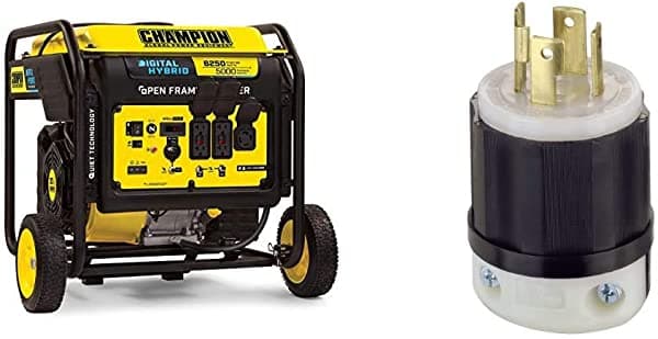 Champion Power Equipment 100519 - Inversor De Marco Abierto De 6250 W Tecnología Silenciosa Y Leviton 2711 30 A 125/250 V Nema L14-30P 3P 4 W Enchufe De Bloqueo Grado Industrial Conexión A Tierra Color Blanco Y Negro