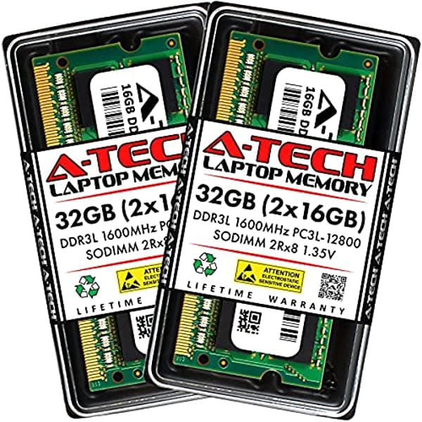 A-Tech Módulos De Memoria Ram Para Portátil De 32 Gb (2 X 16 Gb) Ddr3L 1600 Mhz Sodimm Pc3L-12800 (Pc3-12800) Cl11 Ddr3 2Rx8 1.35V AT16G2D3S1600ND8N135V