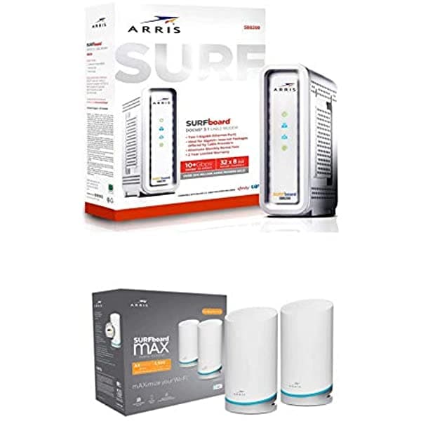 Arris Tabla De Surf | Módem Sb8200 Docsis 3.1 (Velocidades Máximas De 1 Gbps) Y Sistema De Enrutador W121 Ax6600 Wifi 6 Mesh Tri-Band (Cobertura De Hasta 5500 Pies Cuadrados) | 2 Años De Garantía | Malla Con Su Internet Por Cable
