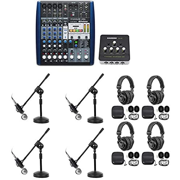 Presonus Ar8 Podcast Studio Bundle W/(4) Micrófonos + Auriculares + Boom Soportes SLMAR8+RCM03+PRO-M50 BROAD 2