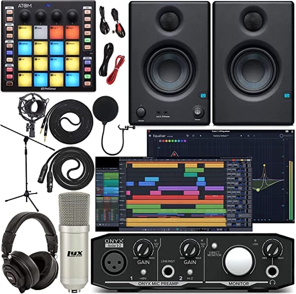 Mackie Onyx Artist 1-2 Interfaz De Audio Con Pro Tools First Music Software Atom Midi Production Pad Controller Eris 3.5 Par Monitor De Estudio Micrófono Condensador Xlr Auriculares Soporte Para Micrófono