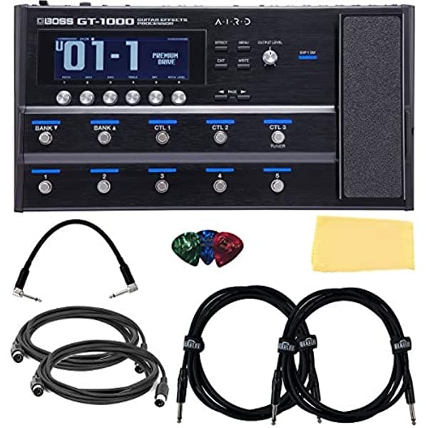 Boss Gt-1000 Guitarra Efectos Procesador Bundle Fuente Patch Cable 2 Instrumento Cables 2 Cables Midi Picks Y Austin Bazaar Pinehish Tapá GT-1000-COMBO-STD