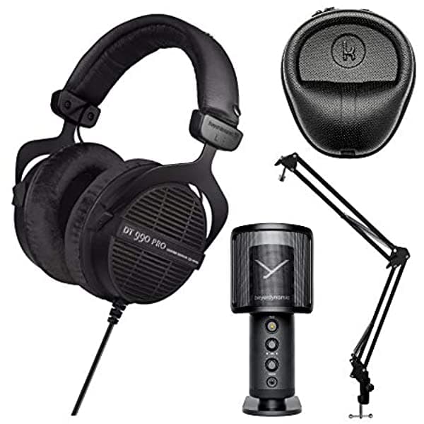 Beyerdynamic DT 990 PRO LE - Auriculares Acústicamente Abiertos (250 Ohmios) con Micrófono de Estudio USB Profesional Fox, Brazo de Suspensión para Micrófono y Estuche Rígido (4 Artículos)