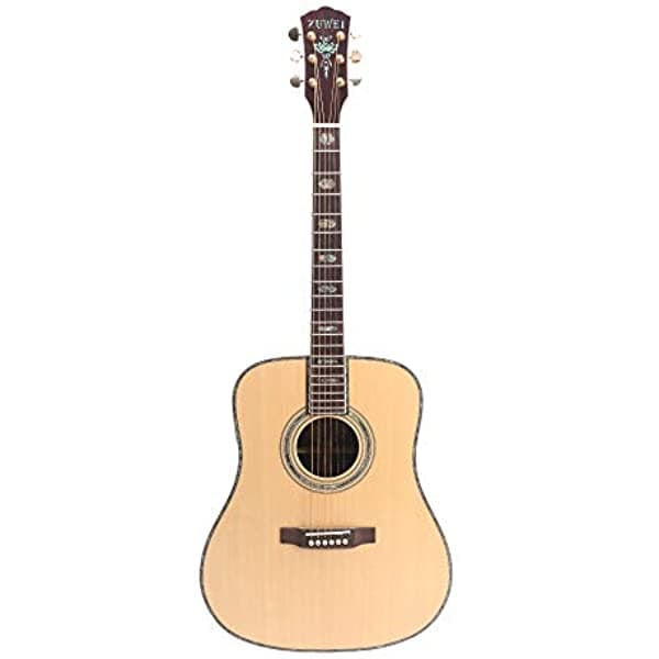 Zuwei 41" Guitarra Acústica, Tapa Sólida de Spruce, Fondo y Aros de Rosewood, Incrustaciones de Abalone, Afinadores Grover, Diapasón de Rosewood 20 Trastes, Cejuela de Hueso