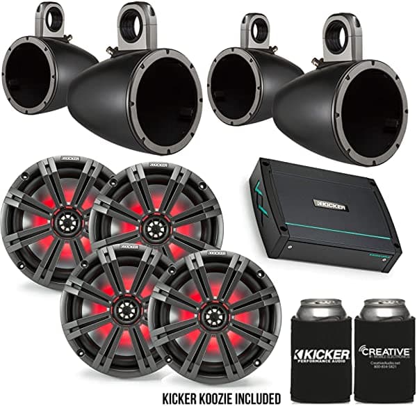 Kicker Blackcharcoal Wake Tower - Altavoces Marinos Led De 8 Pulgadas 2 Pares Con Amplificador Marino Kxma De 400 W