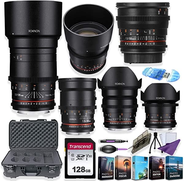 Rokinon Cine Ds - Juego De 6 Lentes Para Canon Ef (0.551 In 0.945 In 1.378 In 1.969 In 3.346 In 5.315 In) Con Estuche Para Lentes De Pino Personalizado 128 Gb Y Paquete De Software De Edición Y Gestión Rokinon 6 Lens Kit