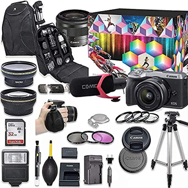 Cámara Digital Canon Eos M6 Mark Ii Sin Espejo Con Kit De Lente De 0.591-1.772 In + Lente Gran Angular + 2 X Teleobjetivo + Flash + Tarjeta De Memoria Sd Sandisk 32 Gb + Paquete De Accesorios M6 Mark II (Silver)