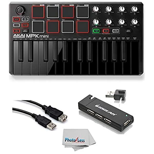 Akai Professional MPK Mini MK2 MKII | 25 teclas ultra portátil USB MIDI pads de batería y teclado controlador (Negro) + hub USB 2.0 de 4 puertos + cable de extensión USB de alta velocidad + paño de limpieza