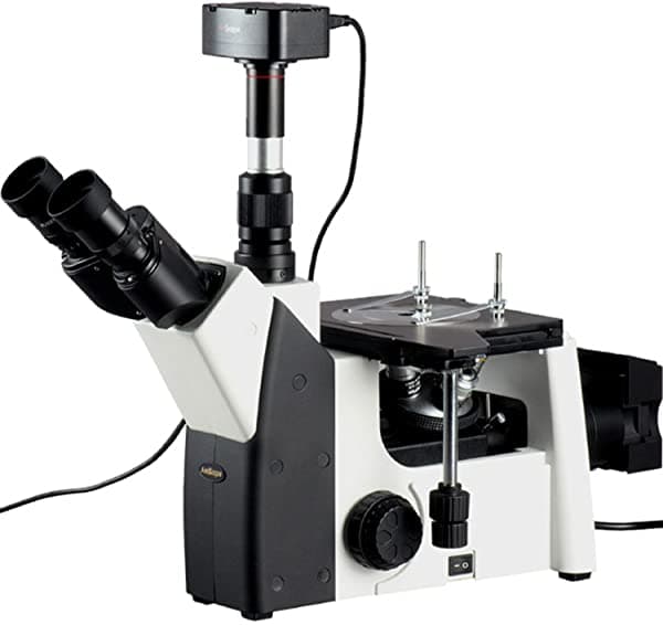 AmScope ME1200TB-5MT Microscopio Metalúrgico Invertido Trinocular Digital, Ampliación de 50X-1000X, Oculares PL10x y PL20x, Condensador Polarizador, Iluminación LED de Campo Claro y Polarización con Reóstato, Platina Mecánica de Doble Capa Grande, 90-240V, Incluye Cámara de 5MP con Lente de Reducción y Software