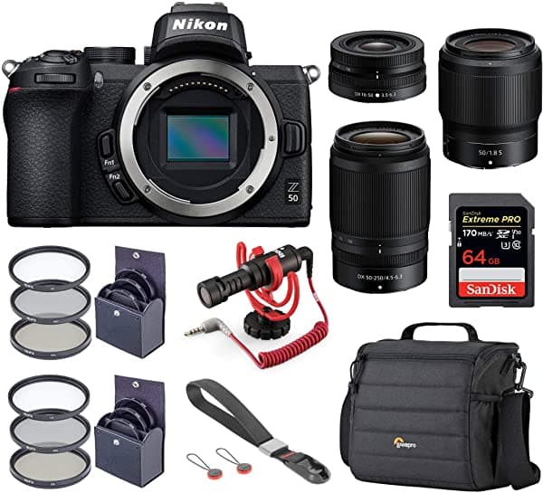 Nikon Z 50 Dx-Format Mirrorless Camara Body Con 16-50Mm 50-250Mm & 50Mm F/1.8 S Vr Lens Audio Bundle Con Rode Mic Case 64Gb Sd Card Filter Kits Wrist Strap
