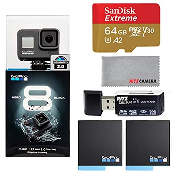 Cámara De Acción Negra Gopro Hero8 Con Paquete De Accesorios Tarjeta De Memoria Sandisk U3 De 64 Gb 2 Baterías Gopro Usa Y Paño De Limpieza