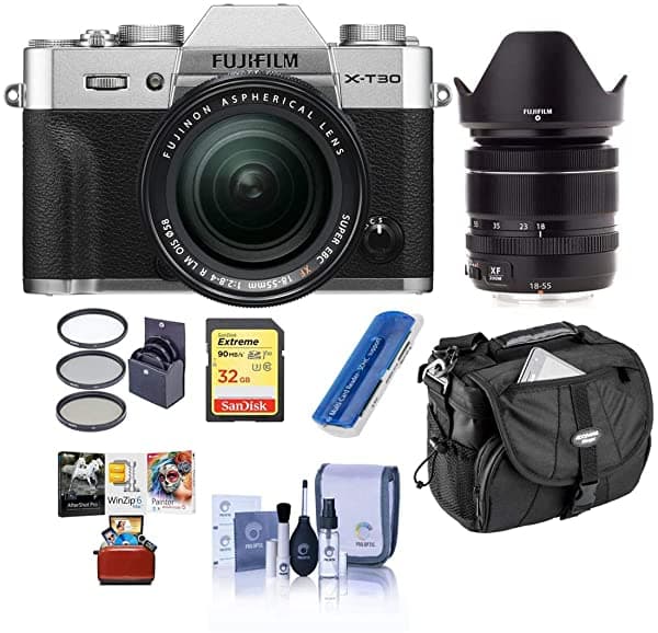Fujifilm X-T30 Mirrorless Camara Con Xf 18-55Mm F/2.8-4 R Lm Ois Lens Silver - Bundle Con Camara Case 32Gb U3 Sdhc Card Cleaning Kit Card Reader 58Mm Filter Kit Mac Software Package