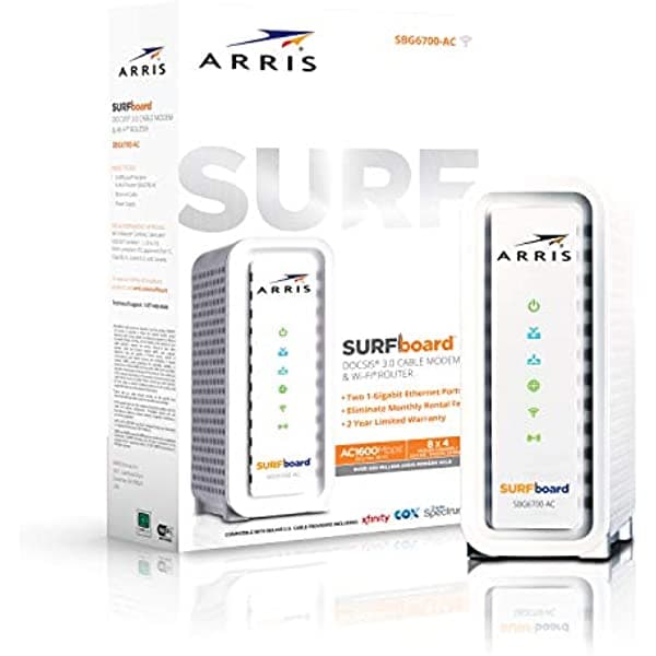 Arris Surfboard (8X4) Docsis 3.0 Cable Modem Plus Ac1600 Dual Band Wi-Fi Router Certificado Para Comcast Xfinity Spectrum Cox Y Más (Sbg6700Ac) Blanco Velocidad Máxima De Descarga 343 Mbps