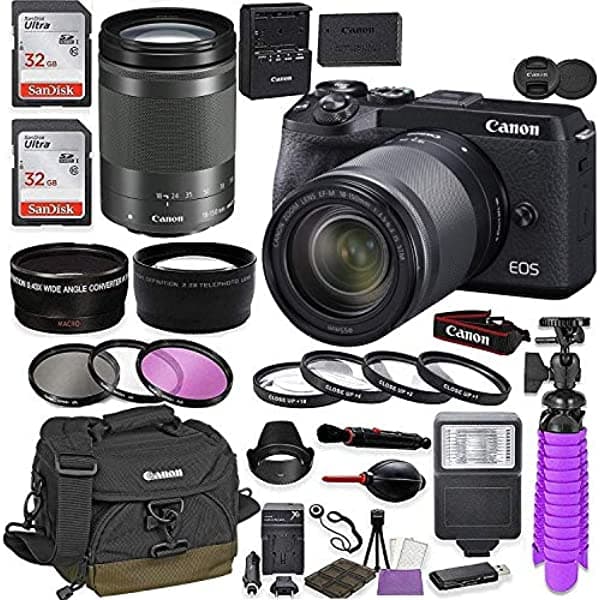 Canon EOS M6 Mark II Cámara Digital Mirrorless (Negro) Kit con Lente Canon EF-M 18-150mm IS STM + Estuche Canon 100EG + 64GB Memoria + Filtros HD + Lentes Auxiliares + Kit Profesional Canon M6 Mark II
